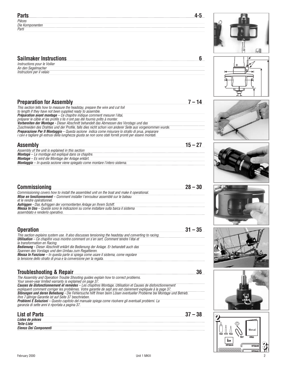 Parts 4-5, Sailmaker instructions 6, Preparation for assembly 7 – 14 | Assembly 15 – 27, Commissioning 28 – 30, Operation 31 – 35, Troubleshooting & repair 36, List of parts 37 – 38 | Harken 882 MKIII Jib Reefing & Furling User Manual | Page 4 / 79
