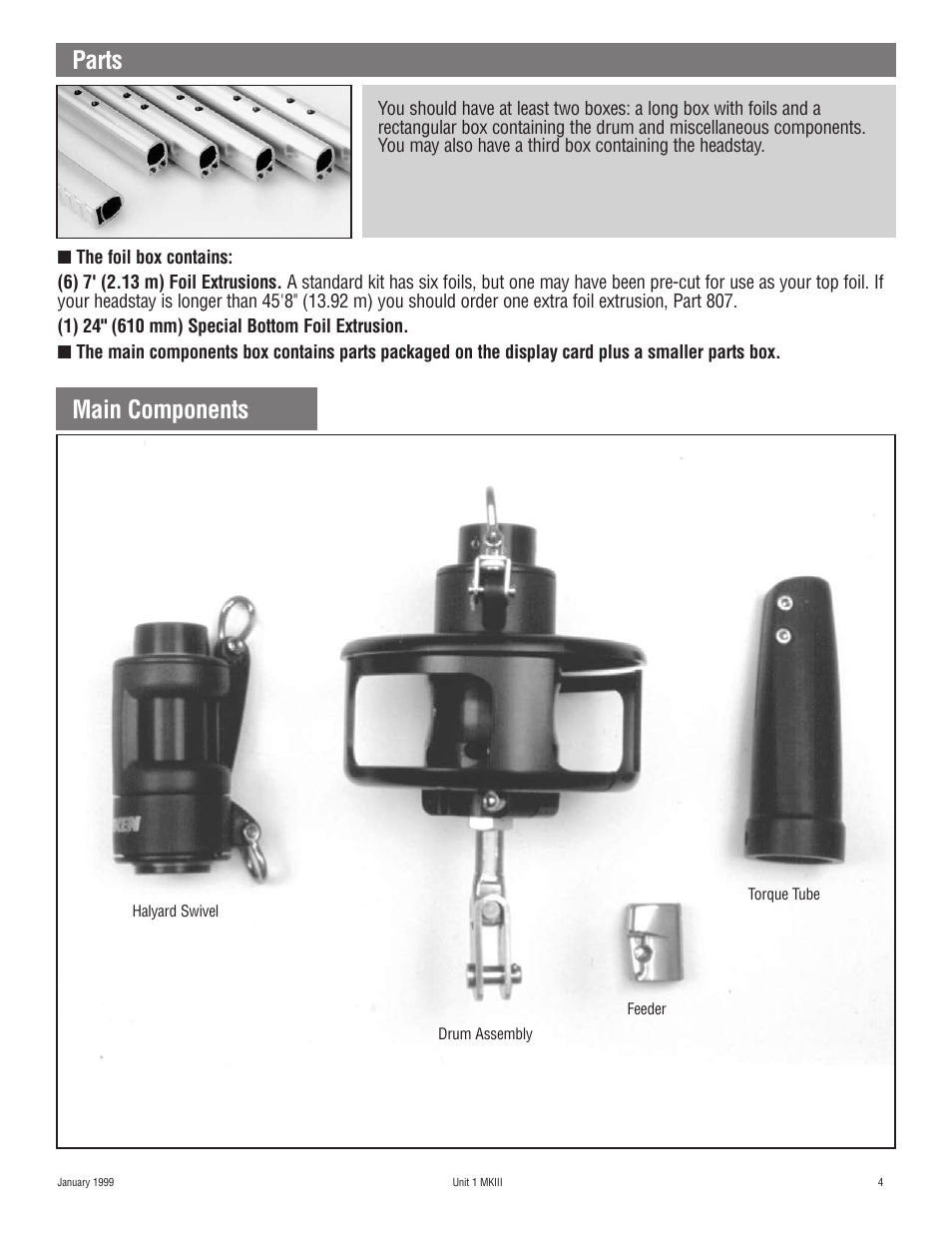 Parts, Main components | Harken 882 MKIII Jib Reefing & Furling User Manual | Page 8 / 79