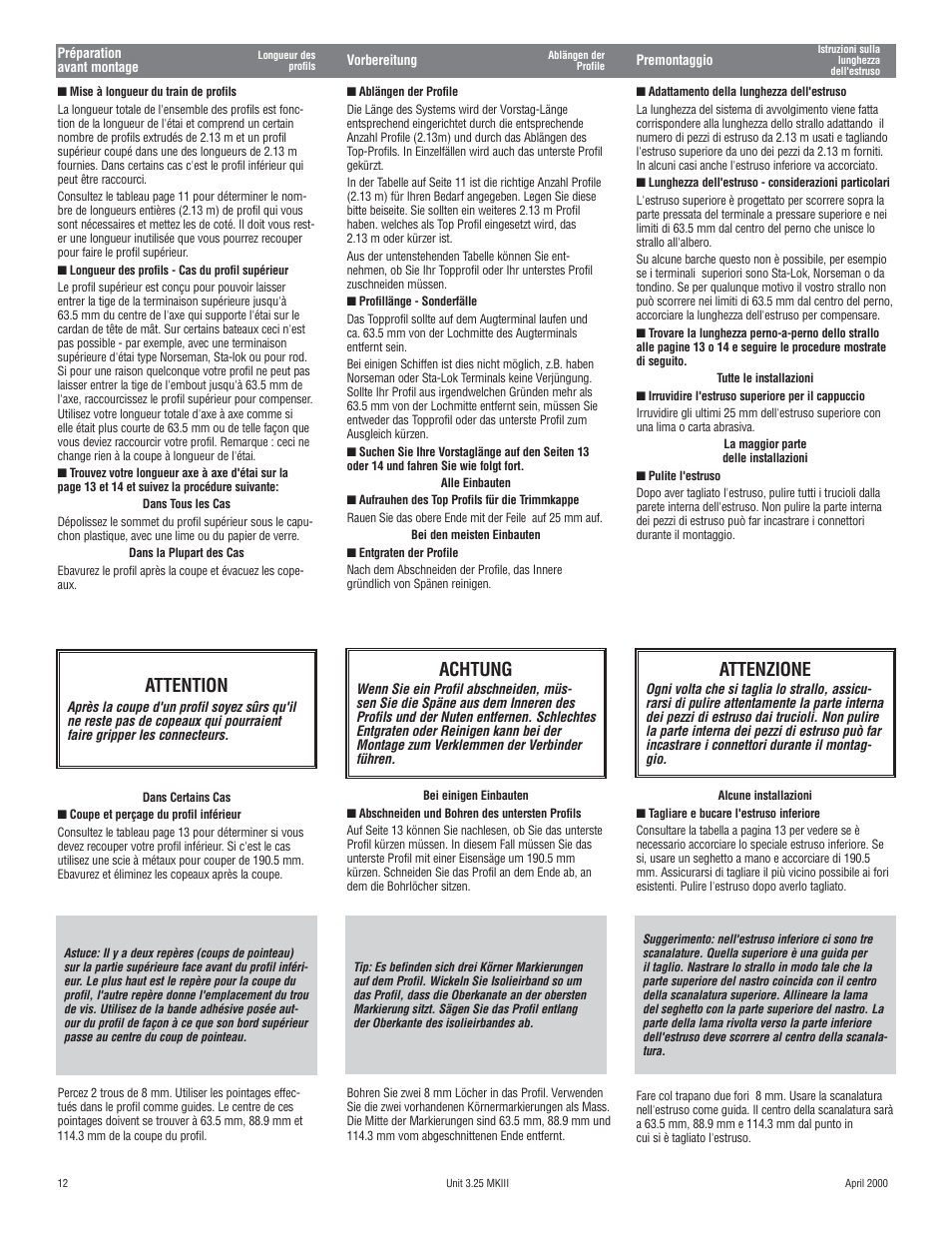 Attention, Attenzione, Achtung | Harken 1080 MKIII Jib Reefing & Furling User Manual | Page 22 / 78