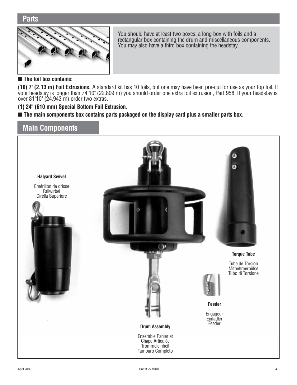 Parts, Main components | Harken 1080 MKIII Jib Reefing & Furling User Manual | Page 7 / 78