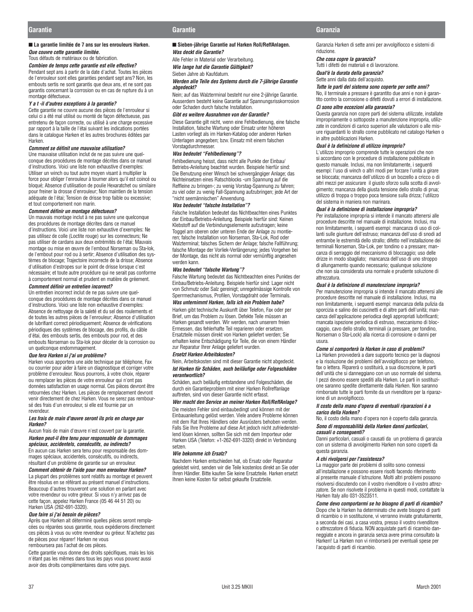 Garantie, Garantie garanzia | Harken 1080 MKIII Jib Reefing & Furling User Manual | Page 74 / 78