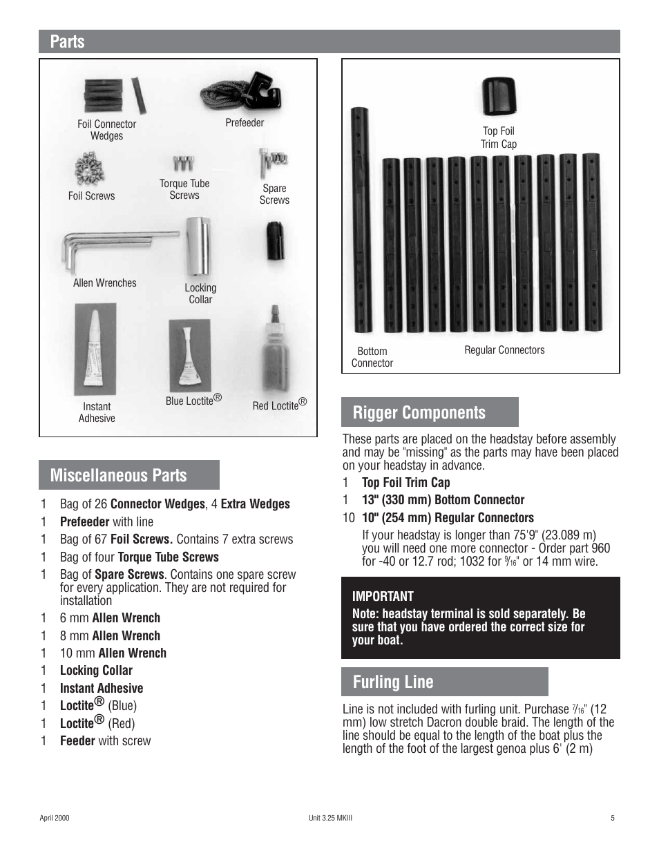 Parts, Miscellaneous parts rigger components, Furling line | Harken 1080 MKIII Jib Reefing & Furling User Manual | Page 9 / 78