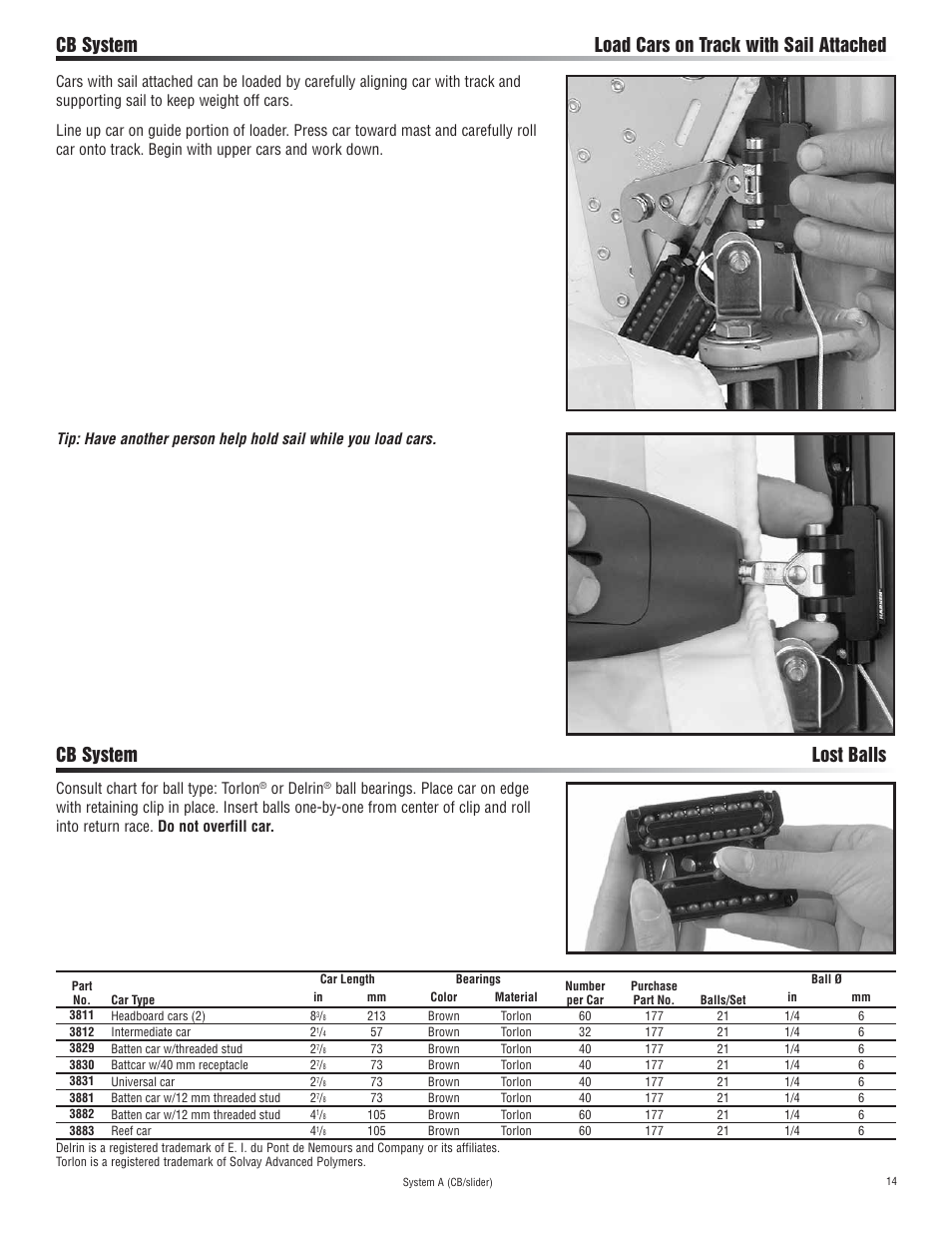 Cb system load cars on track with sail attached, Cb system lost balls | Harken 3811 System A CB & Slider Battcar User Manual | Page 14 / 24