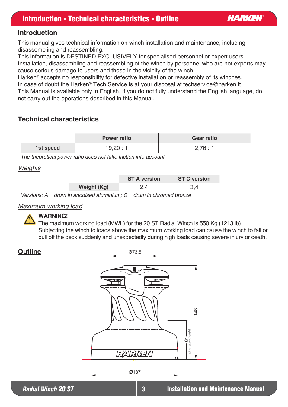 Winch 20 st winch 20 pt, Introduction - technical characteristics - outline | Harken 20ST Winche User Manual | Page 3 / 19