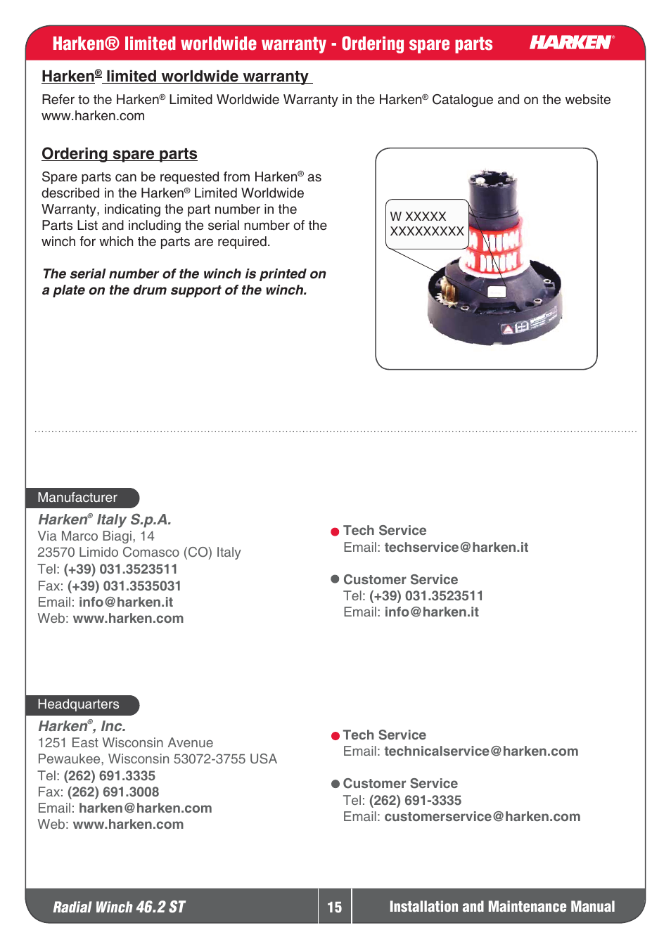 2 st, Harken, Limitedworldwidewarranty | Orderingspareparts | Harken 46.2ST Winche User Manual | Page 15 / 20