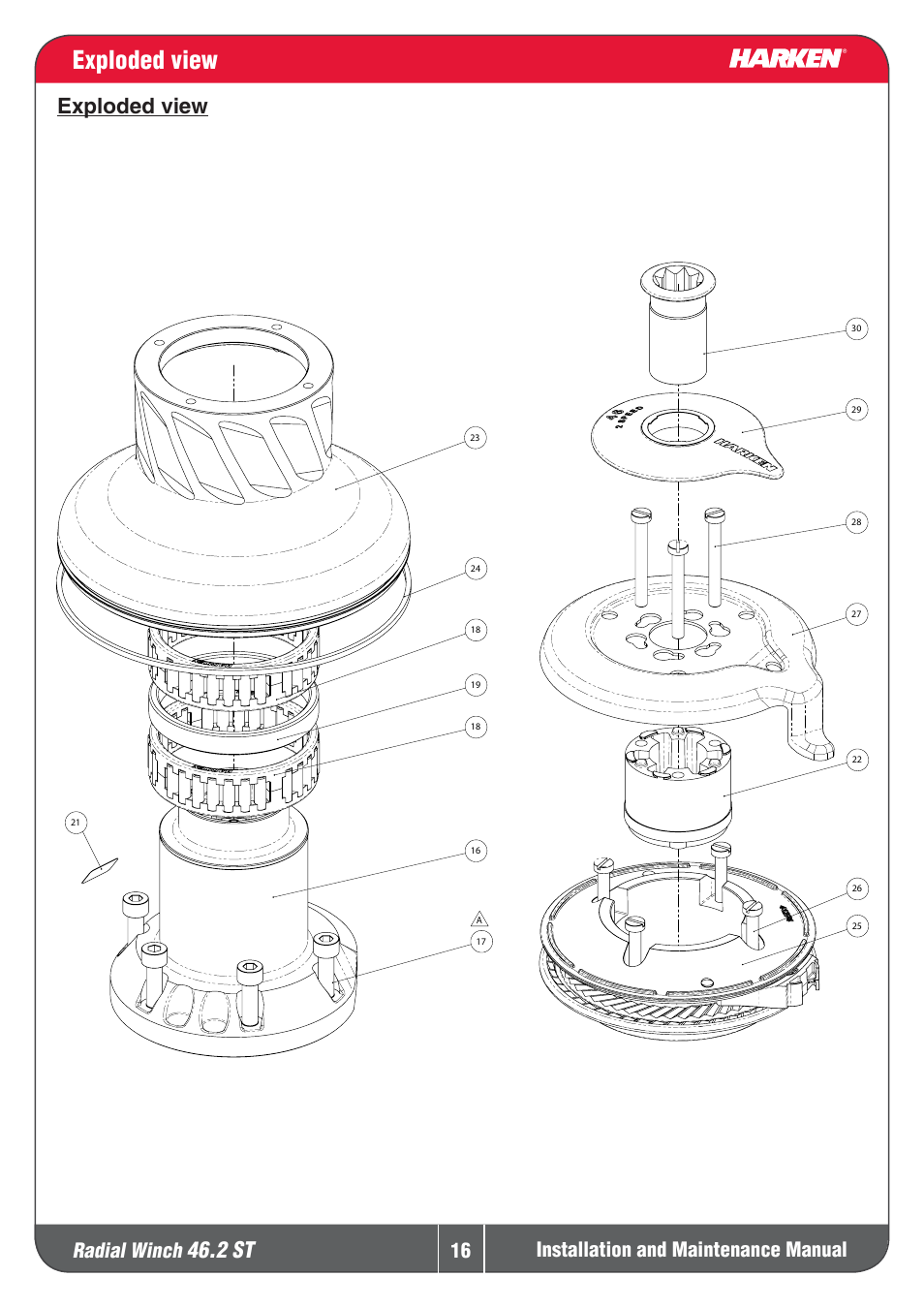 Exploded view, 2 st, Explodedview | Radial winch, Installation and maintenance manual | Harken 46.2ST Winche User Manual | Page 16 / 20