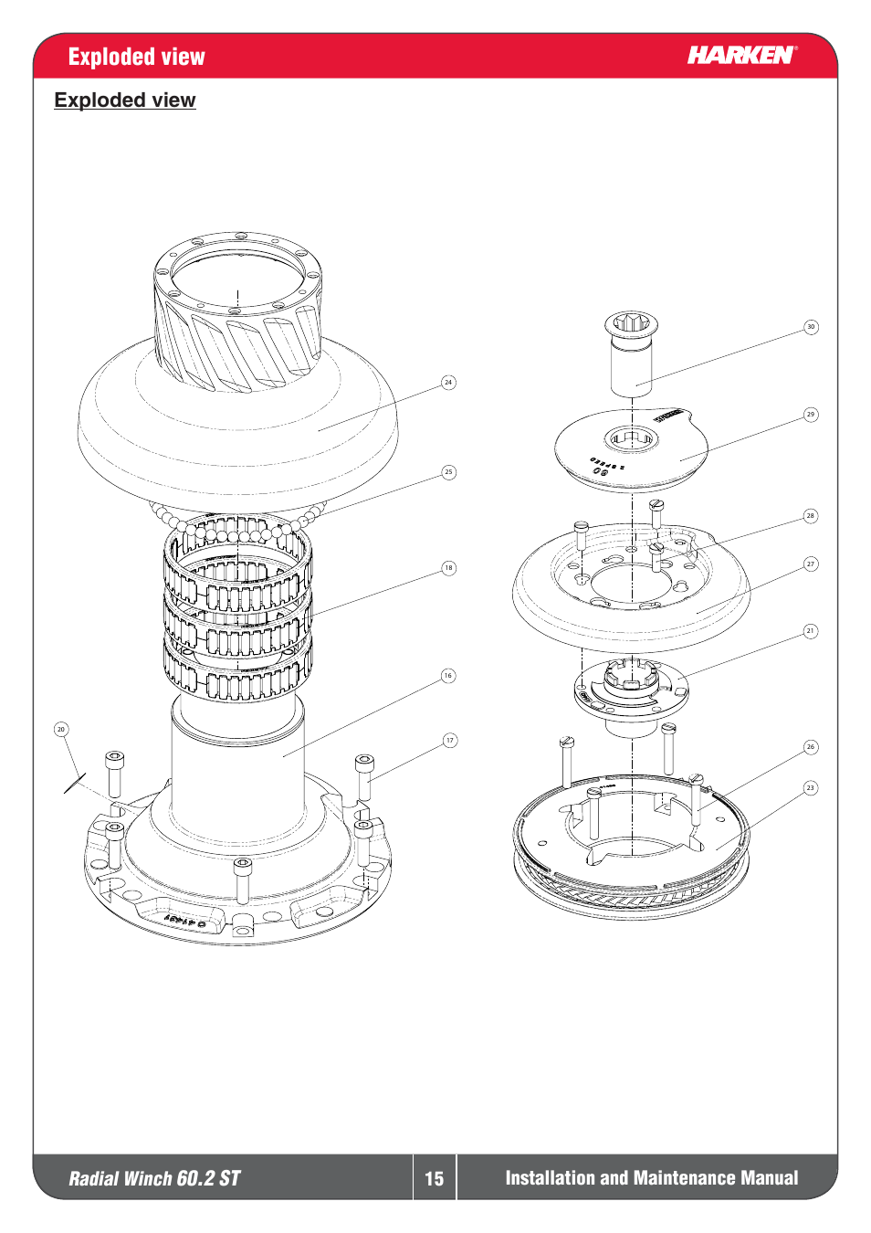 Exploded view, 2 st, Explodedview | Radial winch, Installation and maintenance manual | Harken 60.2ST Winche User Manual | Page 15 / 19