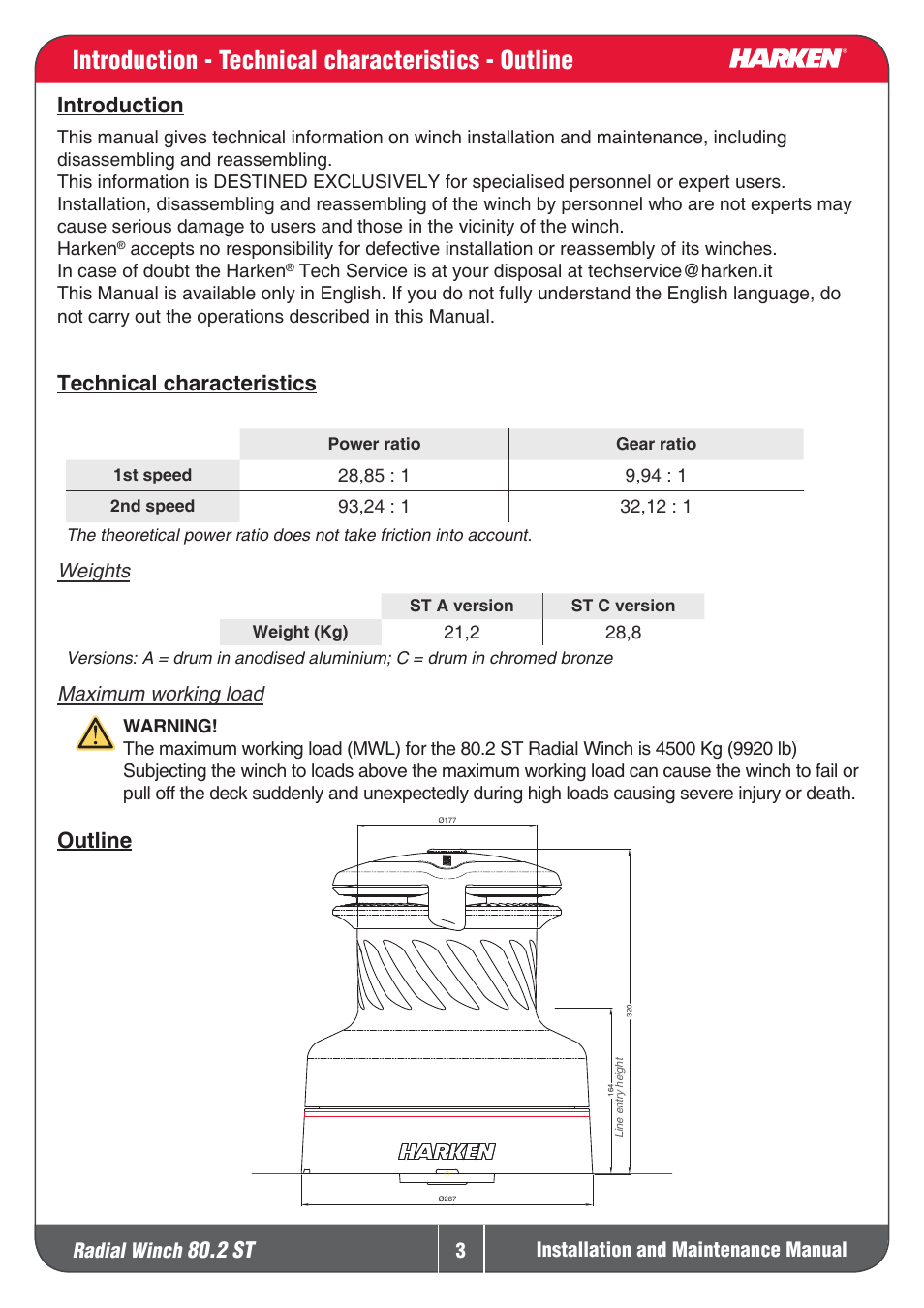 Introduction - technical characteristics - outline, 2 st, Introduction | Technicalcharacteristics, Outline, Radial winch, Installation and maintenance manual, Weights, Maximumworkingload | Harken 80.2ST Winche User Manual | Page 3 / 18