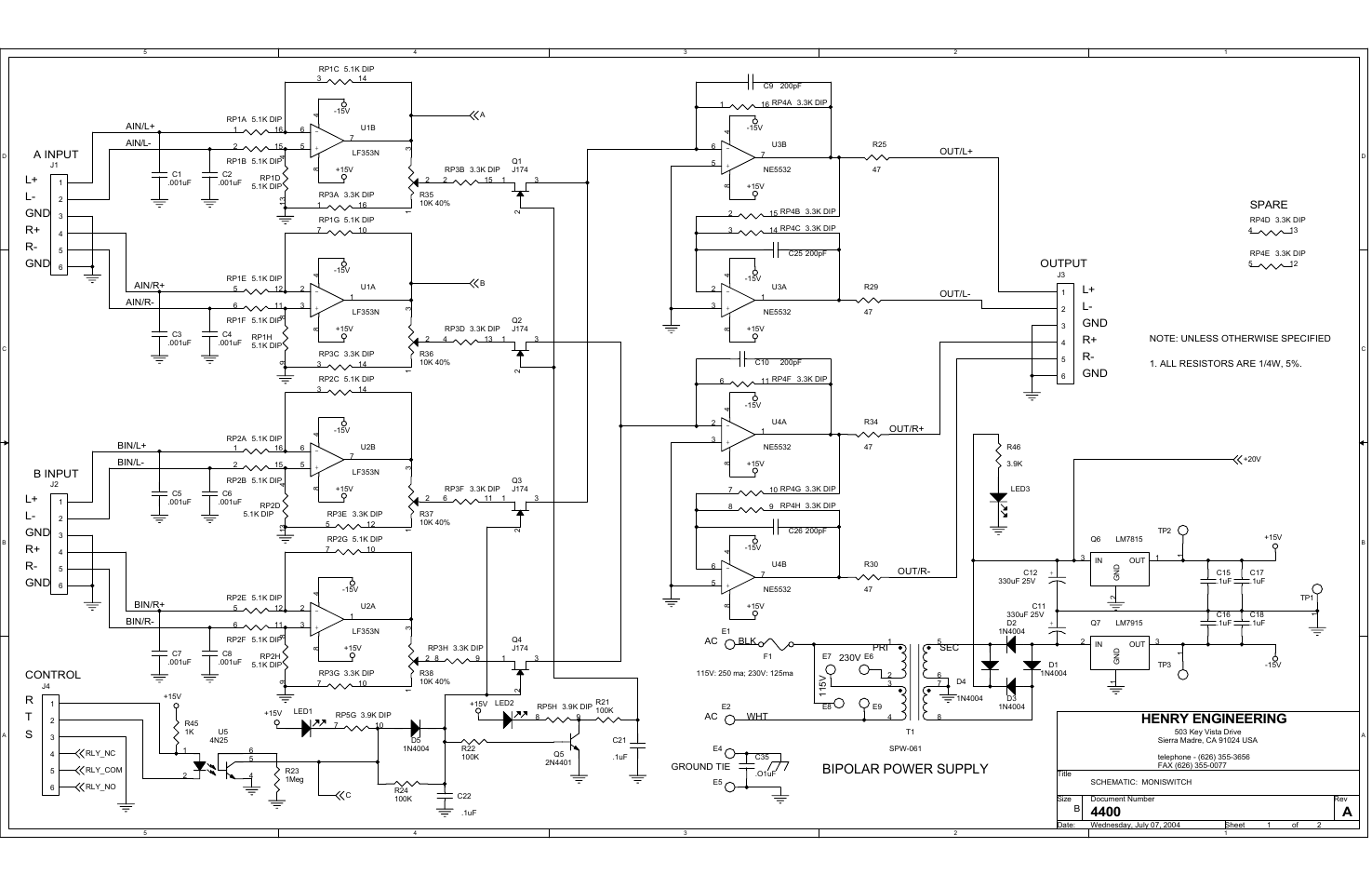 Bipolar power supply, 4400 a, Henry engineering | L- gnd, Gnd r, R+ l, R- gnd, Output r, Sa input t b input control r gnd, R- l | Henry Engineering AUTOSWITCH User Manual | Page 3 / 4