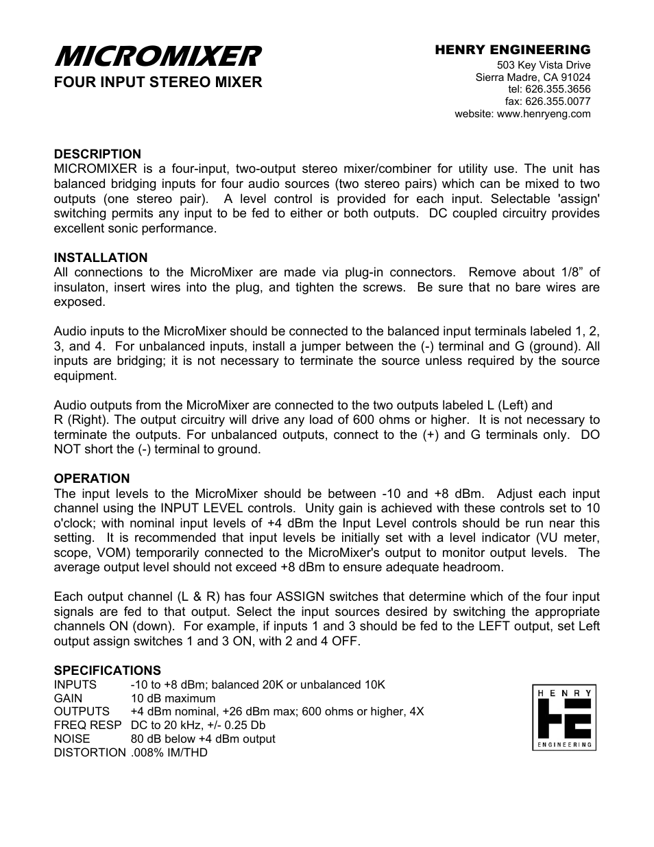 Henry Engineering MICROMIXER User Manual | 2 pages