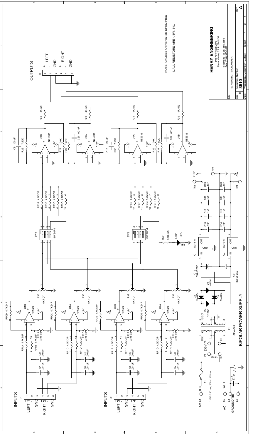 Inputs, Outpu t s, Bipolar power supply | 3510 a, Henry engineering | Henry Engineering MICROMIXER User Manual | Page 2 / 2