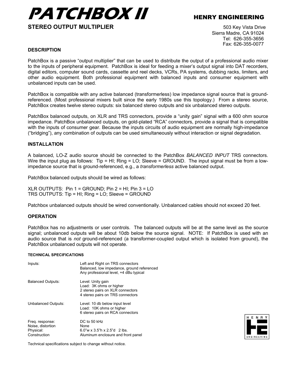 Henry Engineering PATCHBOX II User Manual | 2 pages