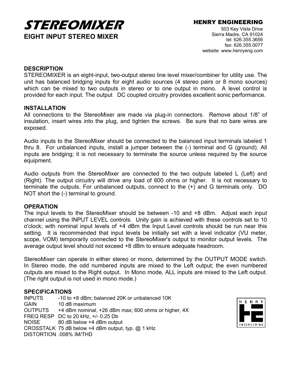 Henry Engineering STEREOMIXER User Manual | 2 pages