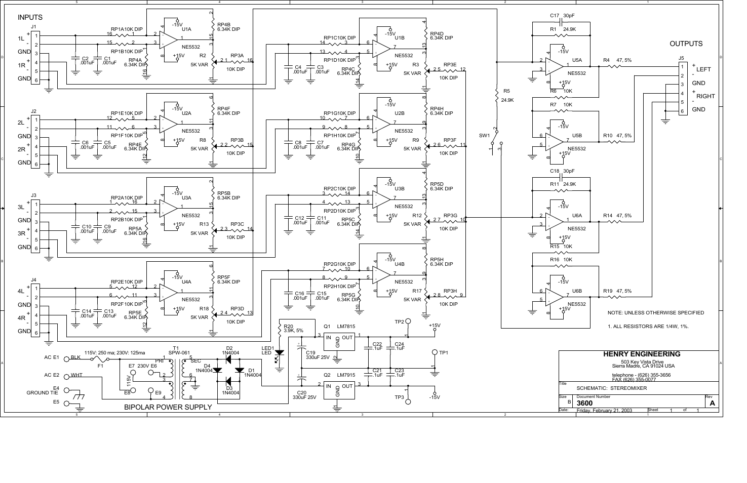 Inputs, Outputs, Bipolar power supply | 3600 a, Henry engineering | Henry Engineering STEREOMIXER User Manual | Page 2 / 2
