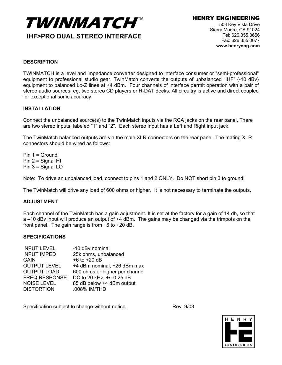 Henry Engineering TWINMATCH User Manual | 2 pages