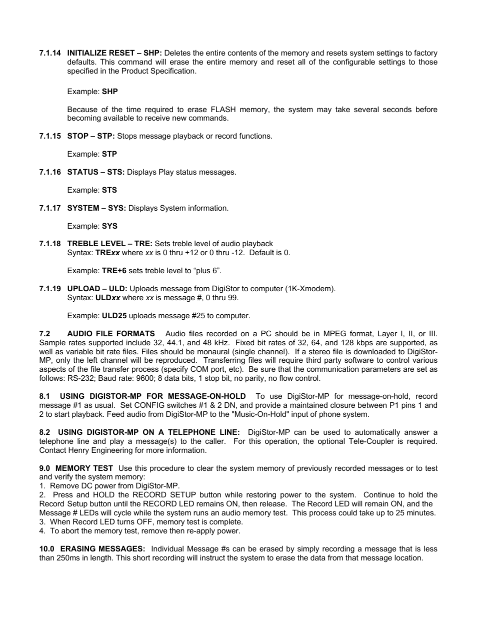 Initialize reset – shp: deletes the entire conten | Henry Engineering DigiStor MP User Manual | Page 8 / 9