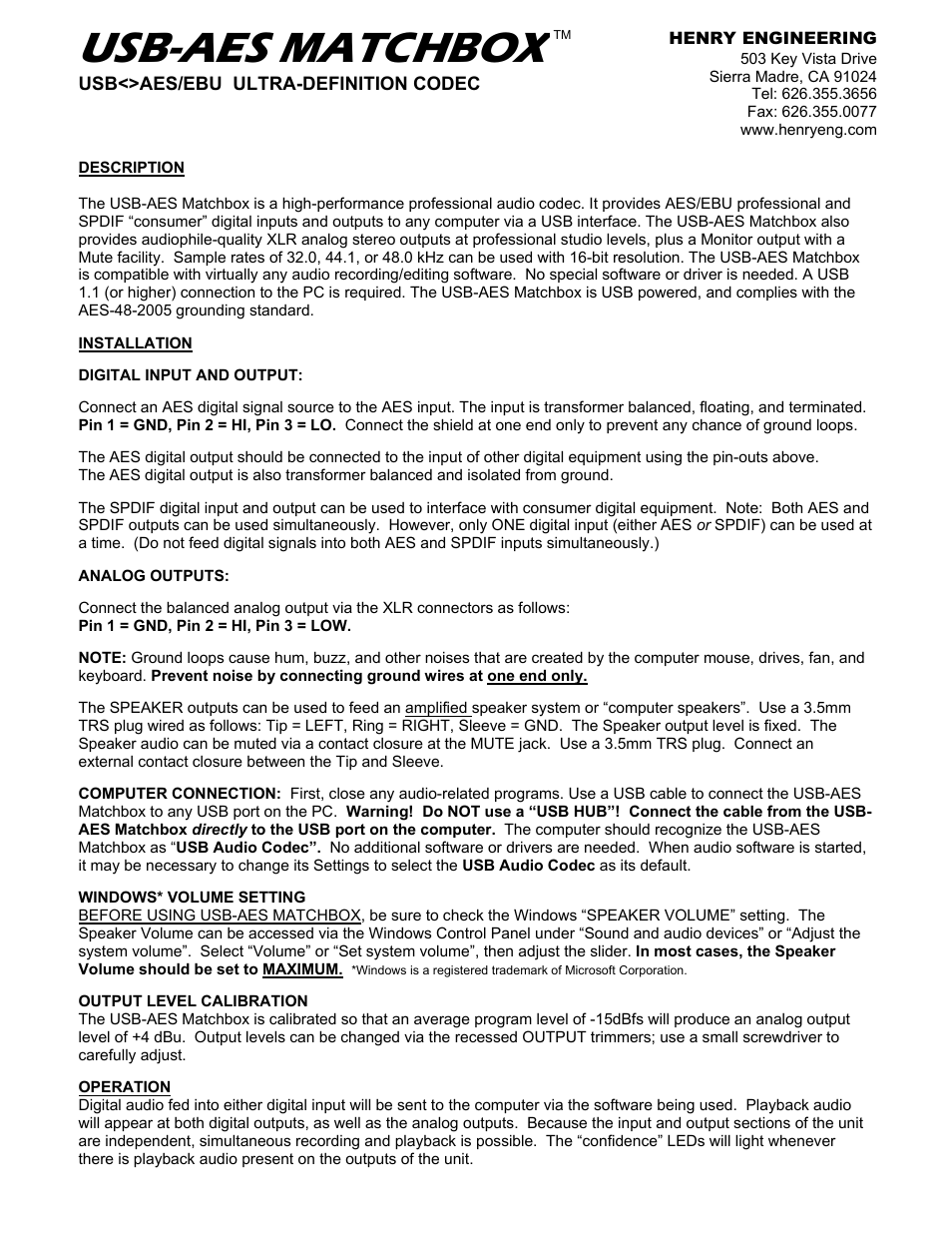 Henry Engineering USB-AES MATCHBOX User Manual | 1 page