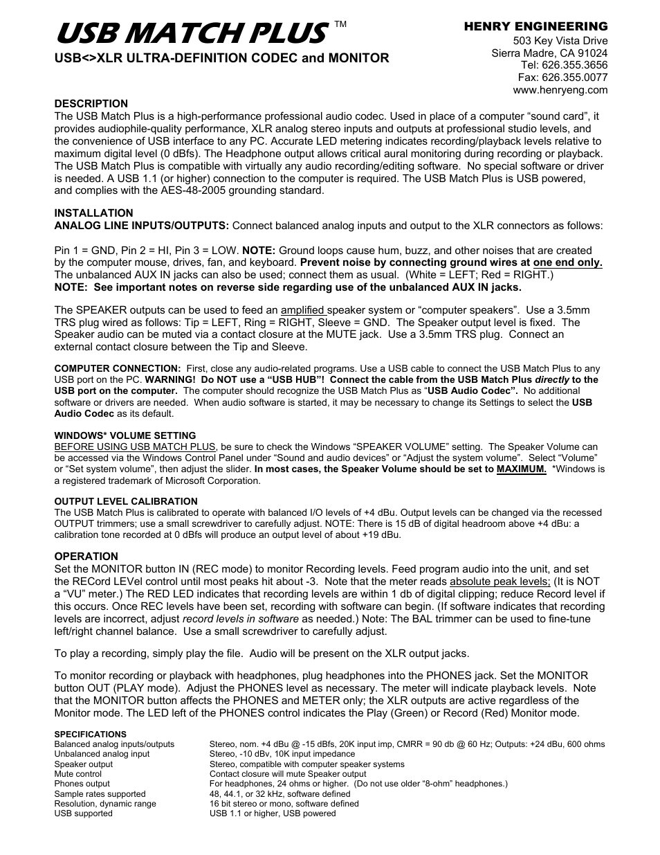 Henry Engineering USB MATCH PLUS User Manual | 2 pages