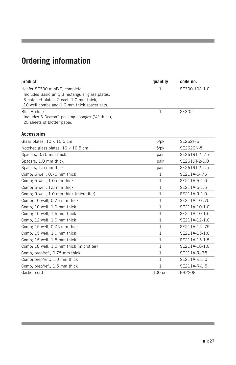 Ordering information | Hoefer SE300 miniVE User Manual | Page 35 / 37