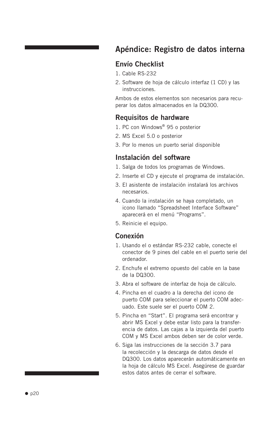 Apéndice: registro de datos interna, Envío checklist, Requisitos de hardware | Instalación del software, Conexión | Hoefer DQ300 User Manual | Page 28 / 30