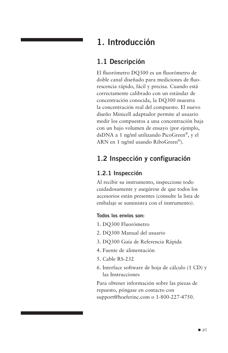 Introducción, 1 descripción, 2 inspección y configuración | Hoefer DQ300 User Manual | Page 9 / 30