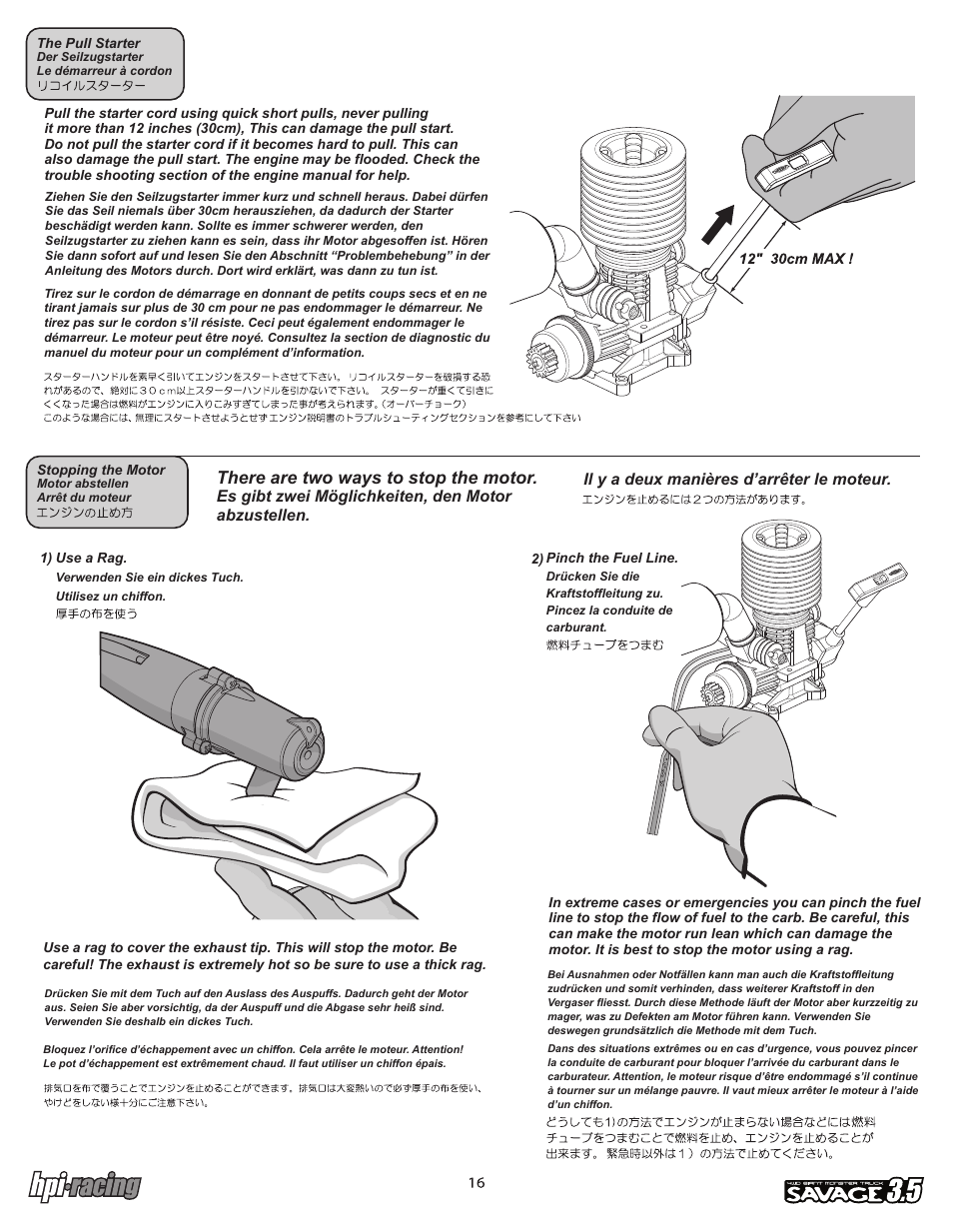 I-12881-1_p16.pdf, There are two ways to stop the motor | HPI Racing Savage 3.5 User Manual | Page 16 / 68