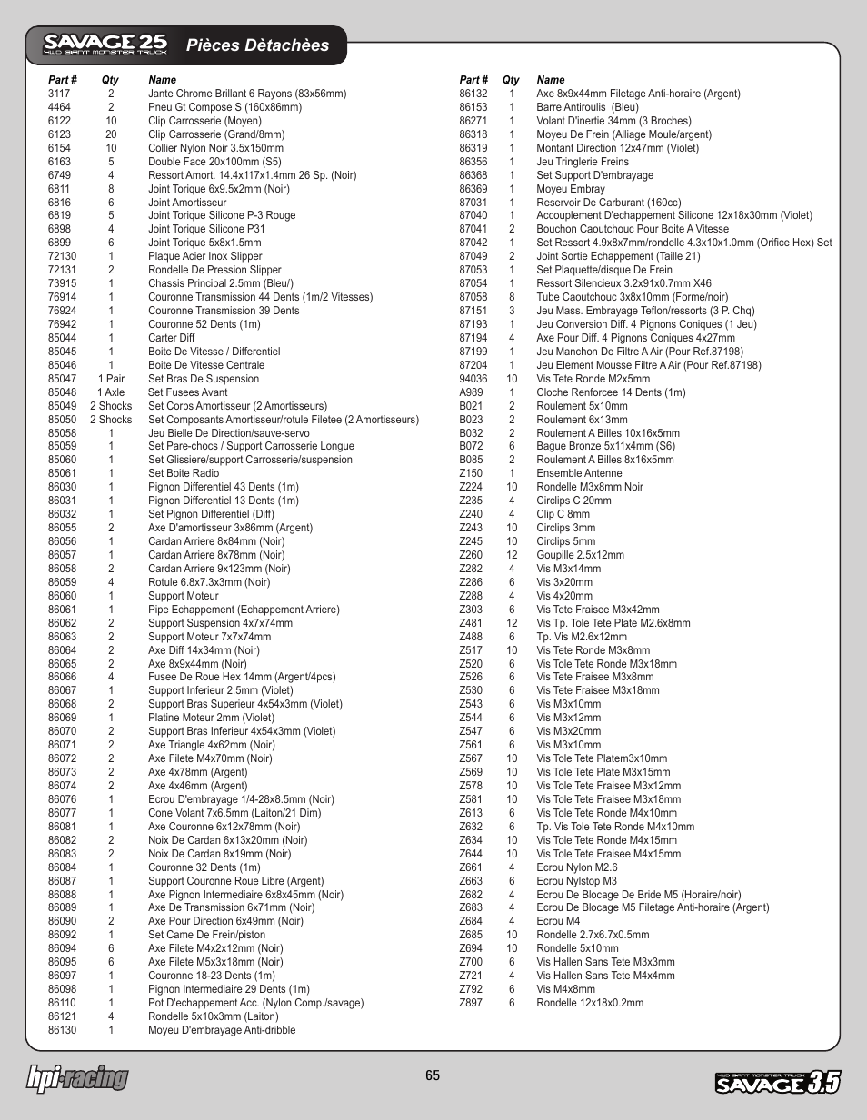 I-12881-1_p65.pdf, Pièces dètachèes | HPI Racing Savage 3.5 User Manual | Page 65 / 68