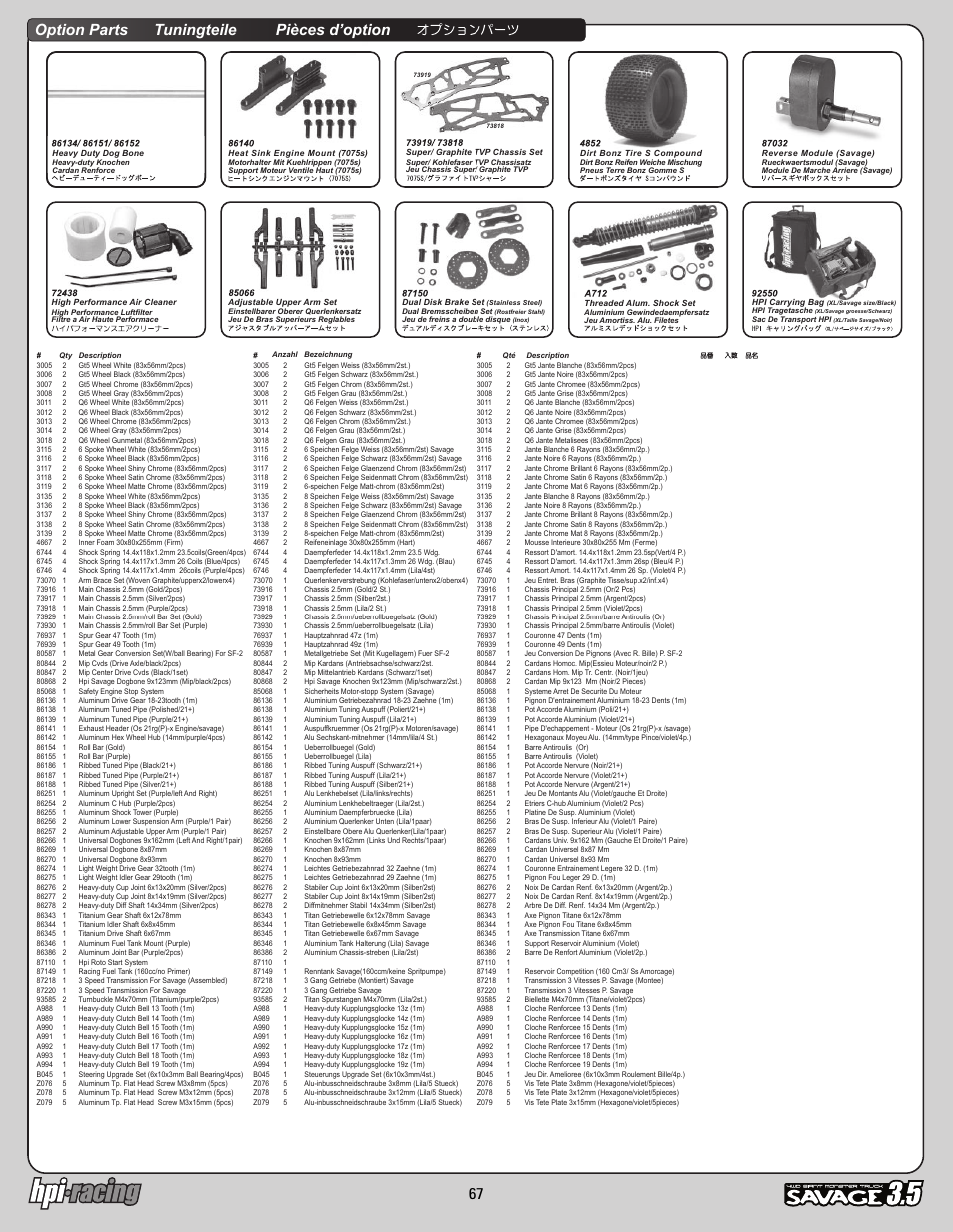 I-12881-1_p67.pdf, Option parts tuningteile pièces d’option | HPI Racing Savage 3.5 User Manual | Page 67 / 68