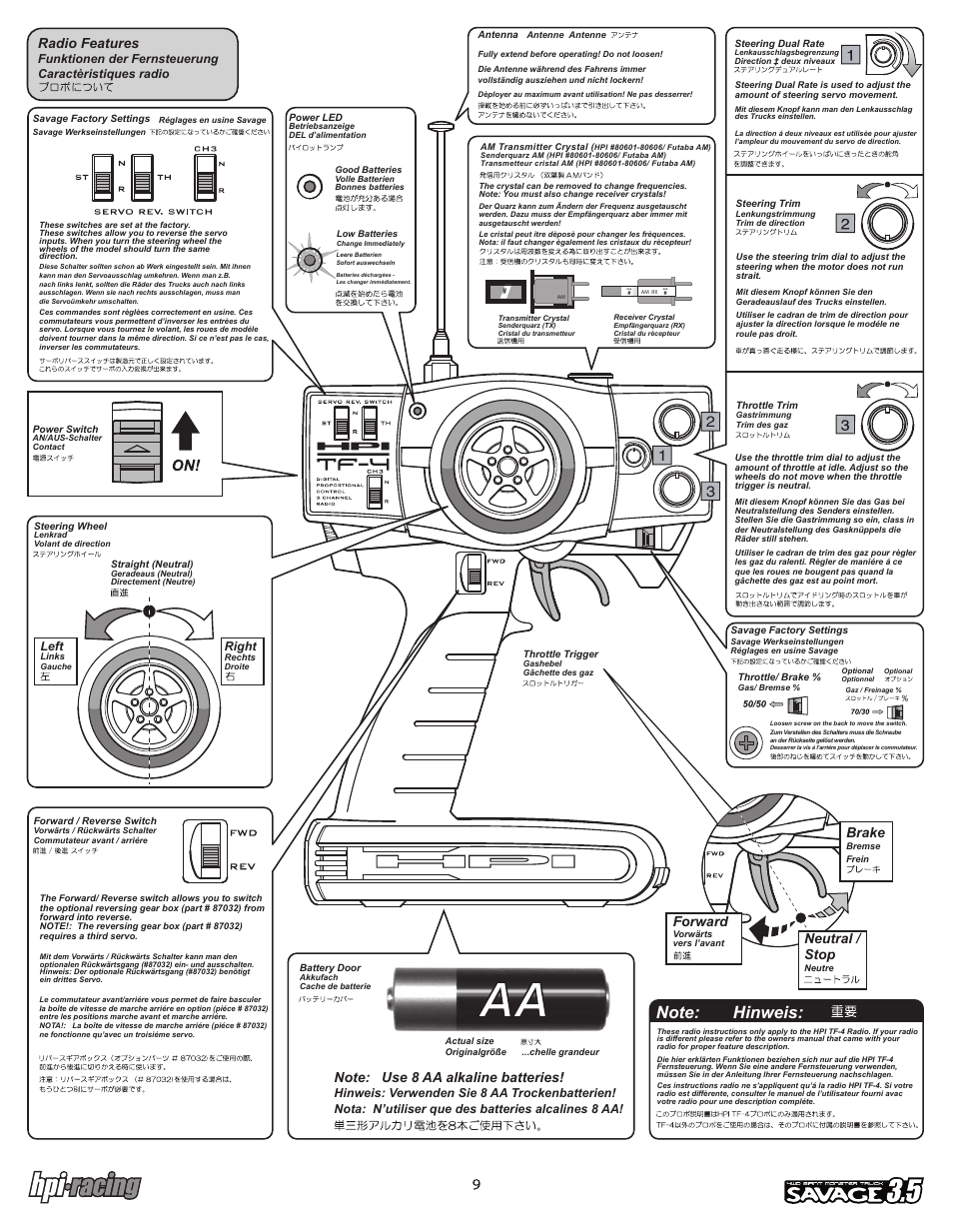 I-12881-1_p09.pdf, Forward, Radio features | Brake, Neutral / stop, Left, Right | HPI Racing Savage 3.5 User Manual | Page 9 / 68