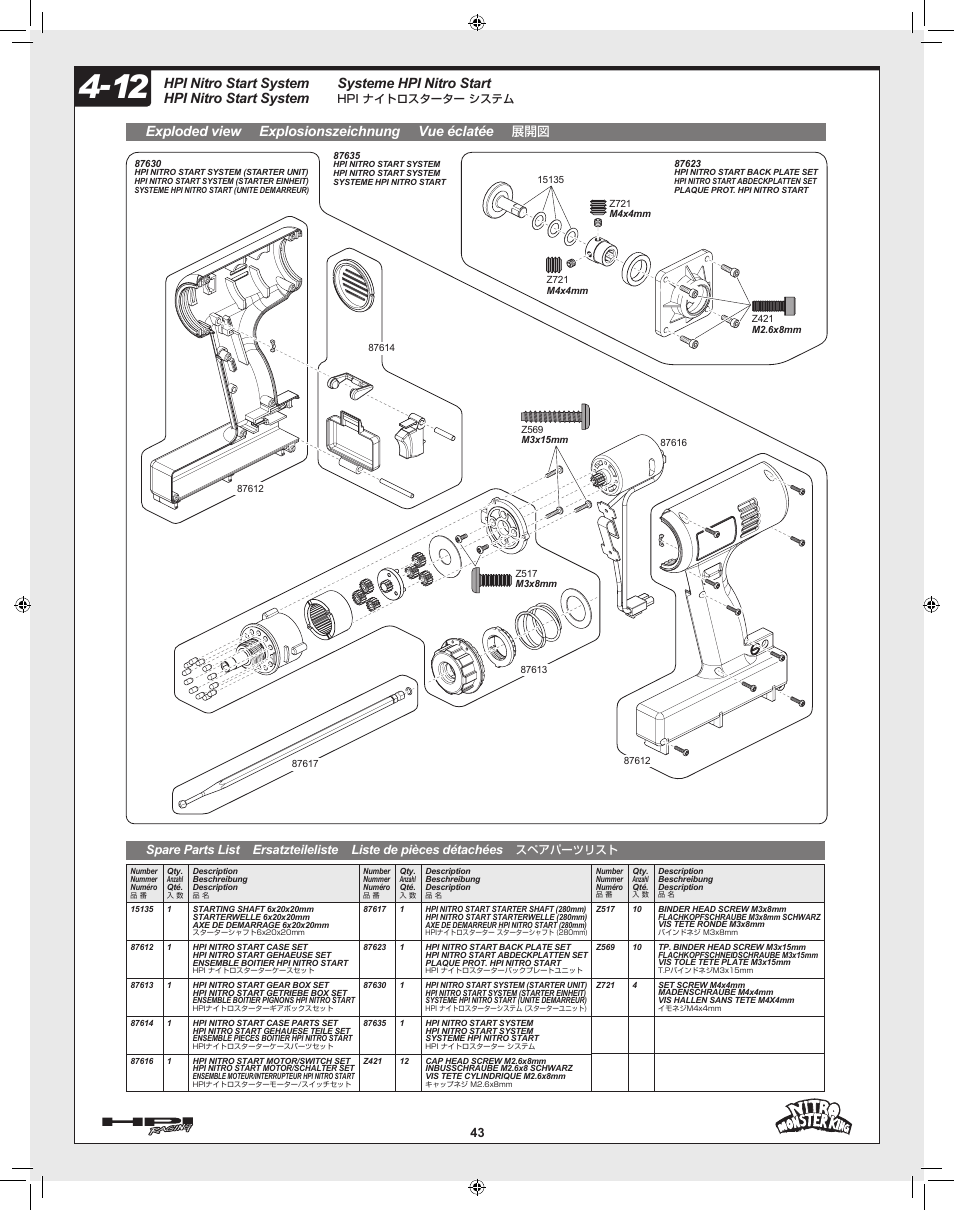 Hpi nitro start system, Exploded view explosionszeichnung vue éclatée, Systeme hpi nitro start | HPI Racing Nitro Monster King User Manual | Page 43 / 60