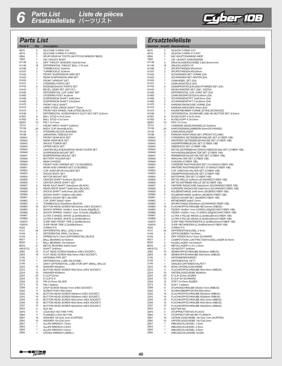 Parts list ersatzteileliste liste de pièces, Parts list, Ersatzteileliste | パーツリスト | HPI Racing Cyber 10B User Manual | Page 40 / 44