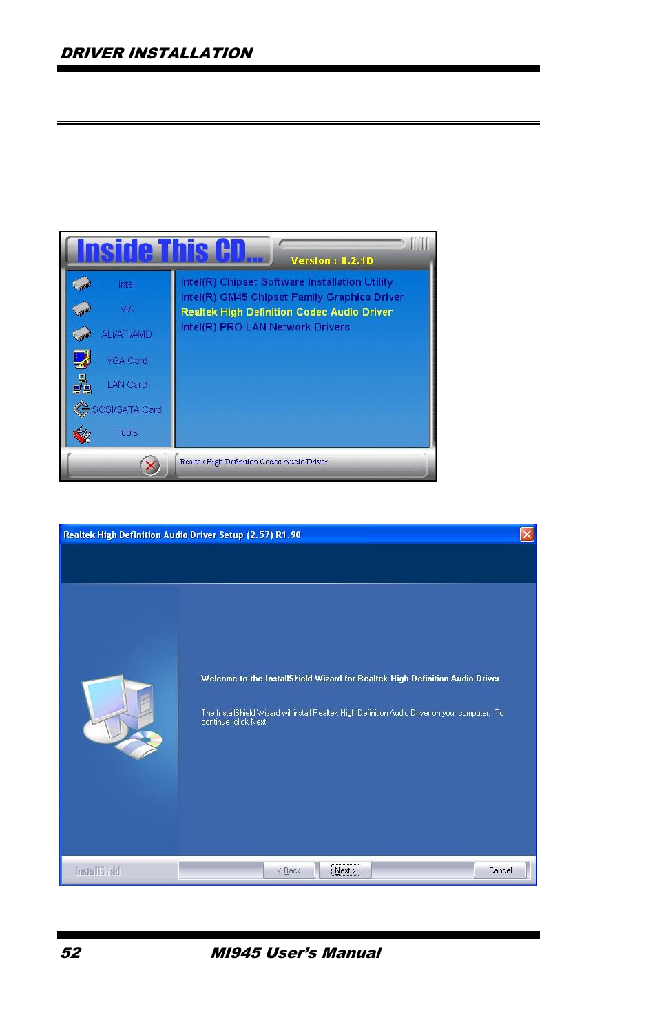 Ac97 codec audio driver installation, Click realtek high definition code audio driver, Driver installation 52 | Mi945 user’s manual | IBASE MI945 User Manual | Page 56 / 64