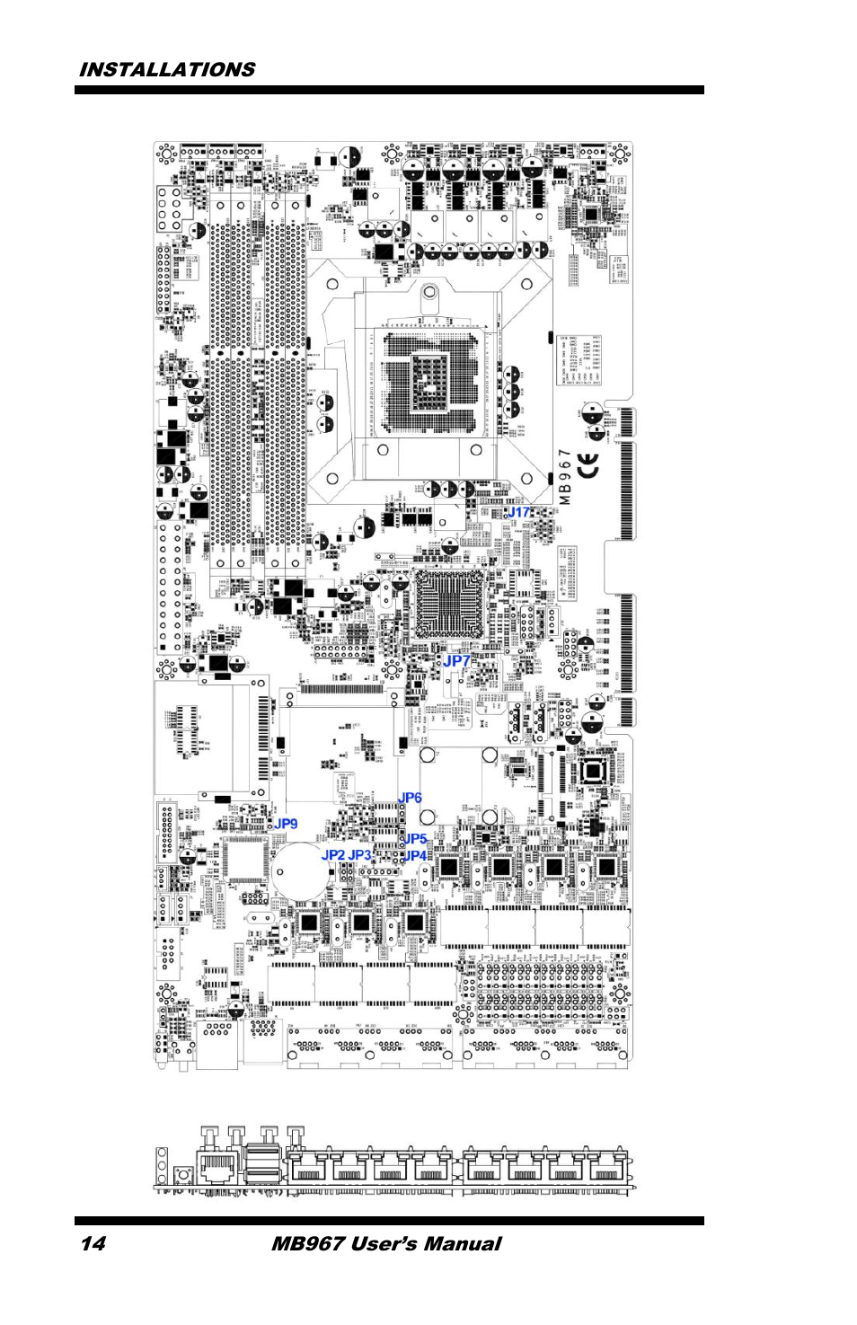 Jumper locations on mb967, Installations, Mb967 user’s manual | IBASE MB967 User Manual | Page 14 / 76