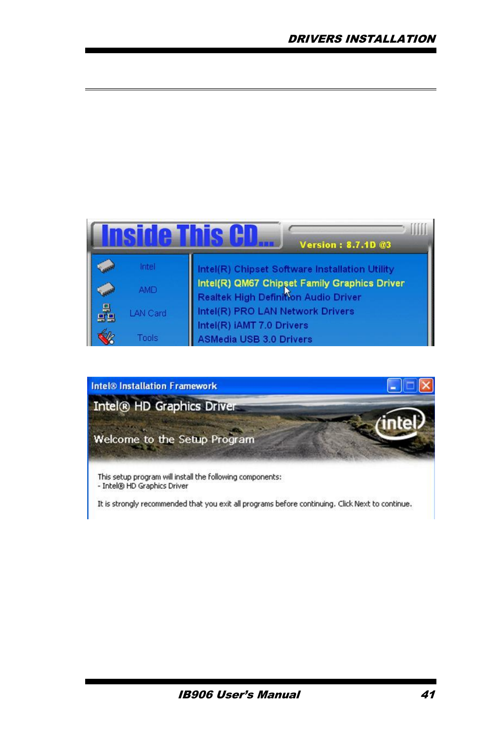 Vga drivers installation, Click intel(r) qm67 chipset family graphics driver, On setup progress screen, click next to continue | IBASE IB906 User Manual | Page 45 / 56