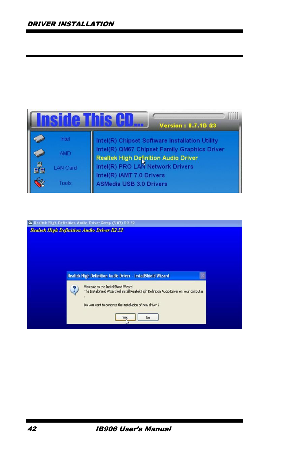 Realtek hd audio driver installation, Click realtek high definition audio driver | IBASE IB906 User Manual | Page 46 / 56