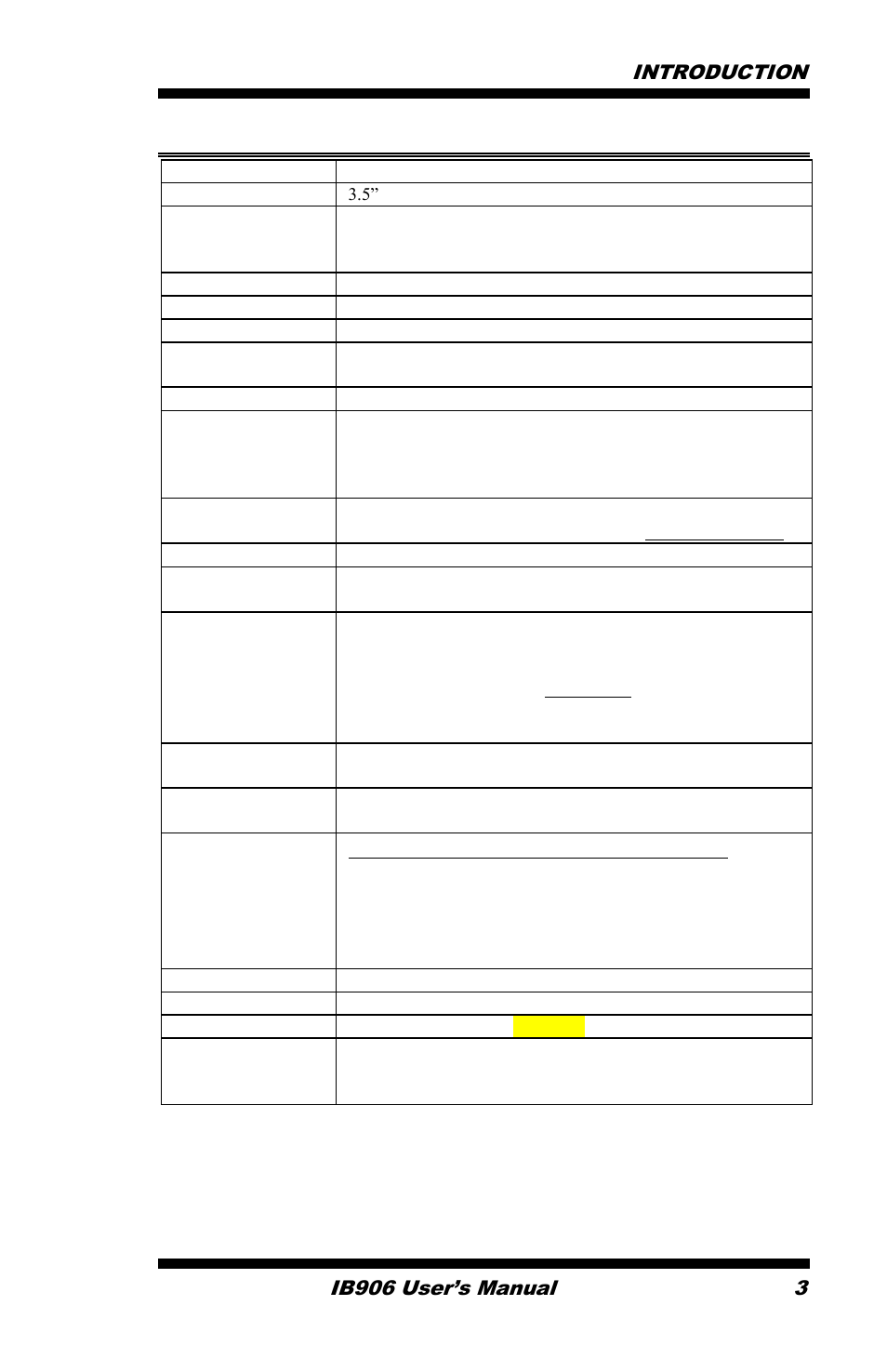 Ib906 specifications, Introduction ib906 user’s manual 3 | IBASE IB906 User Manual | Page 7 / 56