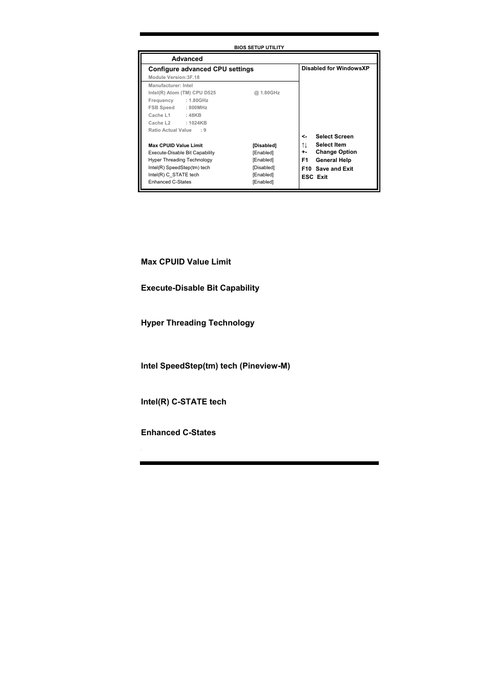 Max cpuid value limit, Execute-disable bit capability, Hyper threading technology | Intel speedstep(tm) tech (pineview-m), Intel(r) c-state tech, Enhanced c-states | IBASE IB893 User Manual | Page 31 / 68