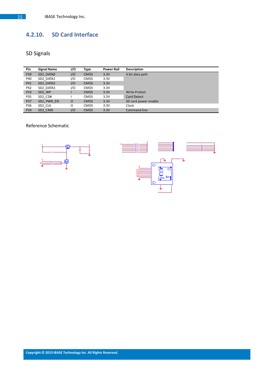 Sd card interface, Sd signals, Reference schematic | Ibase technology inc, Cmos 3.3v p42, Sd2_data3 i/o, Cmos 3.3v p33, Sd2_wp i, Cmos 3.3v write protect p35, Sd2_cd# i | IBASE SMARC-EVK1 User Manual | Page 41 / 92