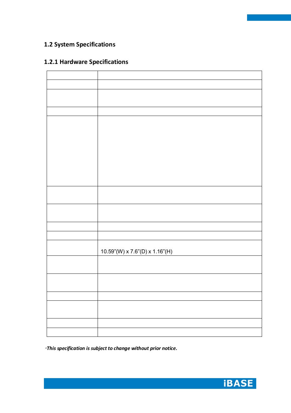 2 system specifications, 1 hardware specifications | IBASE SI-304 User Manual | Page 10 / 62