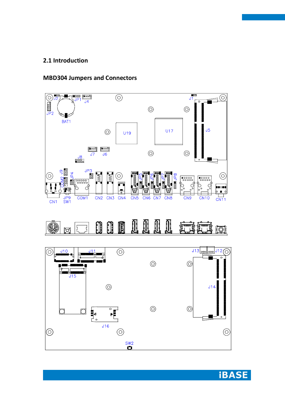 Chapter 2 motherboard introduction, 1 introduction, 1 introduction mbd304 jumpers and connectors | IBASE SI-304 User Manual | Page 16 / 62