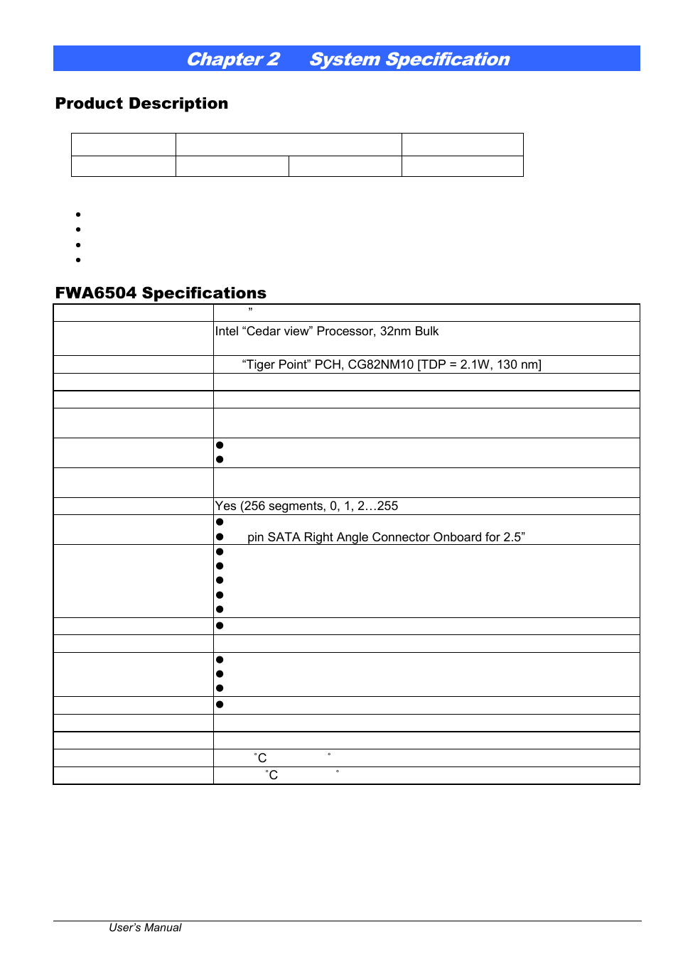 Chapter 2, System specification, Chapter 2 system specification | Product description, Fwa6504 specifications | IBASE FWA6504 User Manual | Page 6 / 16