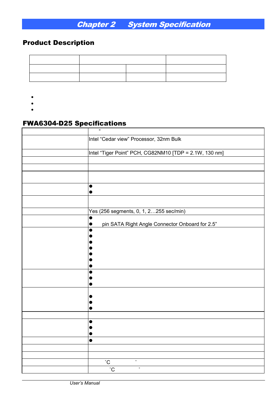 Chapter 2, System specification, Chapter 2 system specification | Product description | IBASE FWA6304-D25 User Manual | Page 6 / 17