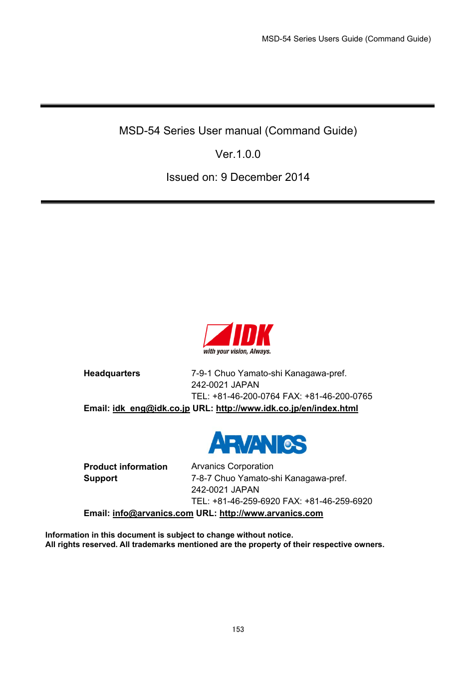 IDK MSD-54 Series Command Guide User Manual | Page 153 / 153