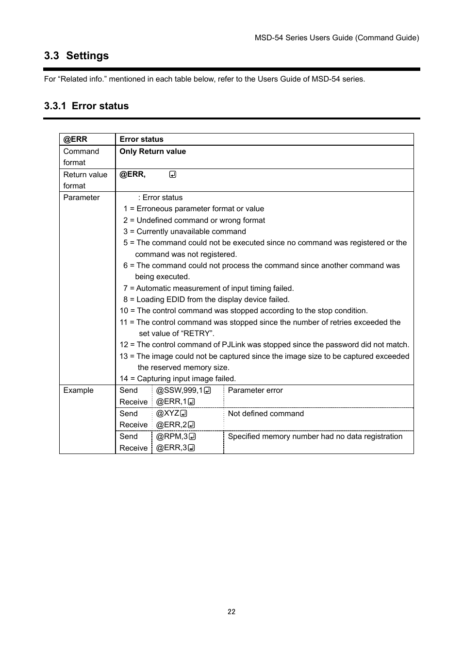 3 settings, 1 error status | IDK MSD-54 Series Command Guide User Manual | Page 22 / 153