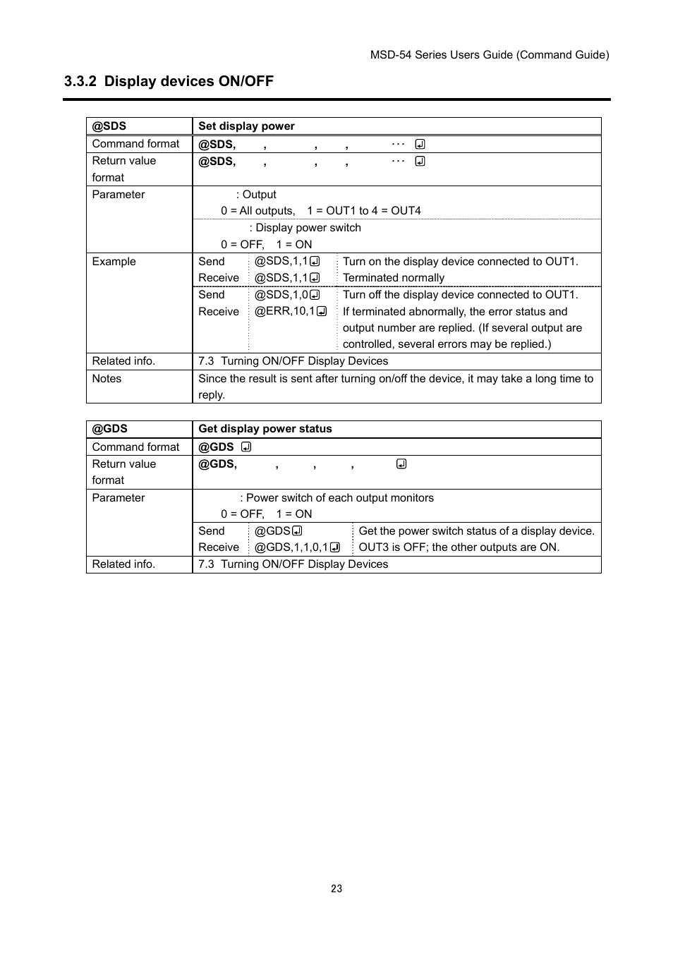 2 display devices on/off | IDK MSD-54 Series Command Guide User Manual | Page 23 / 153