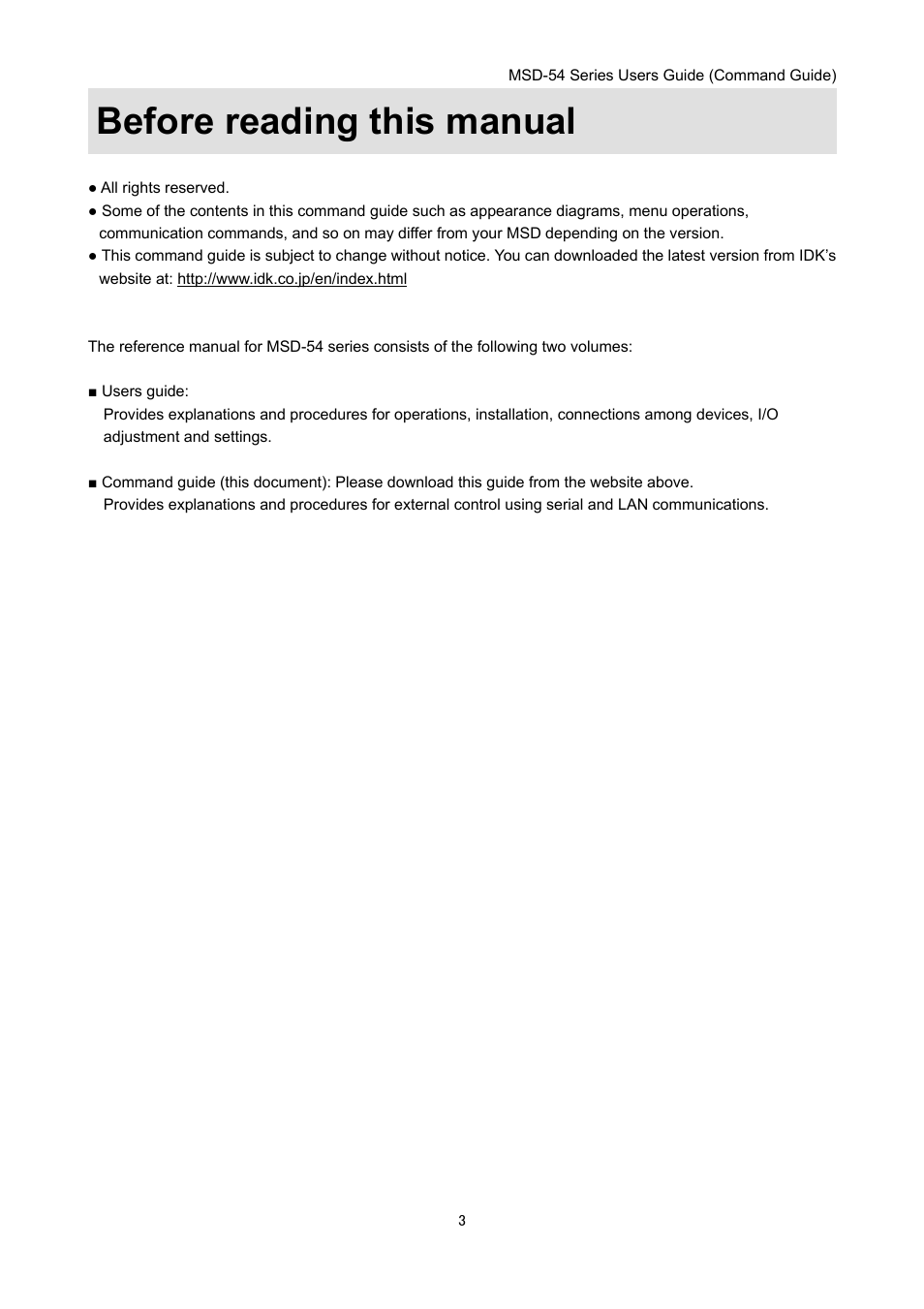 Before reading this manual | IDK MSD-54 Series Command Guide User Manual | Page 3 / 153