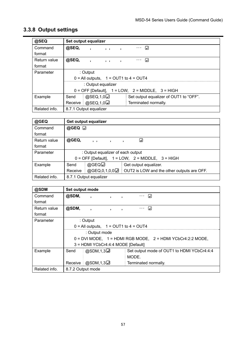8 output settings | IDK MSD-54 Series Command Guide User Manual | Page 57 / 153