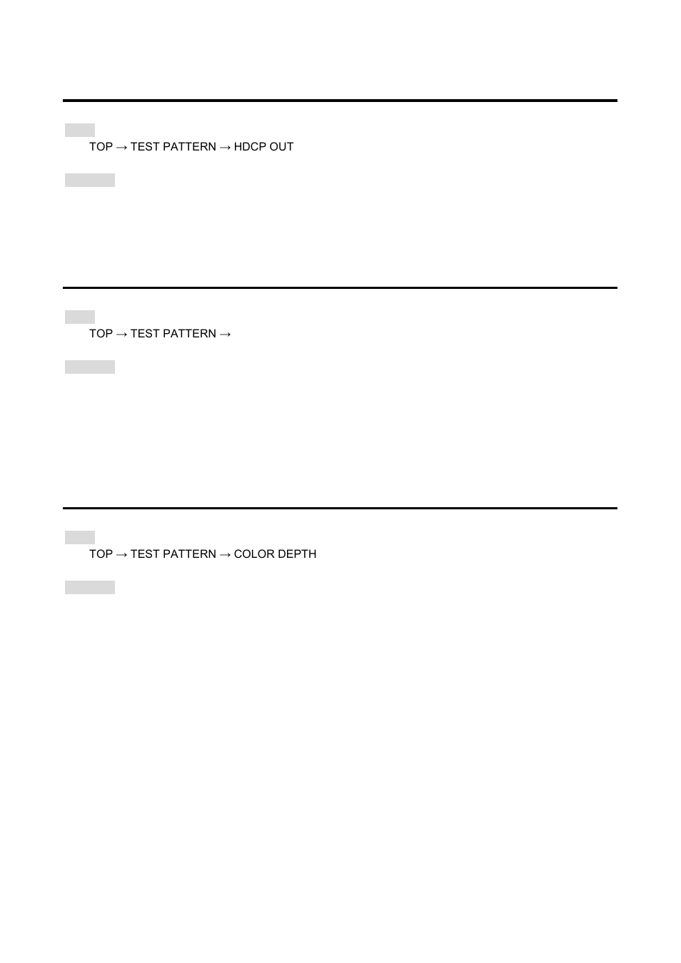 4 test pattern hdcp, 5 test pattern format/color space, 6 test pattern color depth | Test pattern hdcp, Test pattern format/color space, Test pattern color depth | IDK GF-100 User Manual | Page 42 / 63