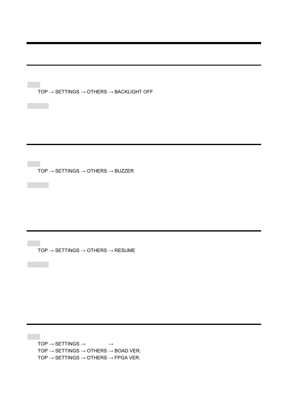 5 others, 1 time for turning off backlight, 2 beep sound | 3 resume, 4 versions, Others, Time for turning off backlight, Beep sound, Resume, Versions | IDK GF-100 User Manual | Page 58 / 63