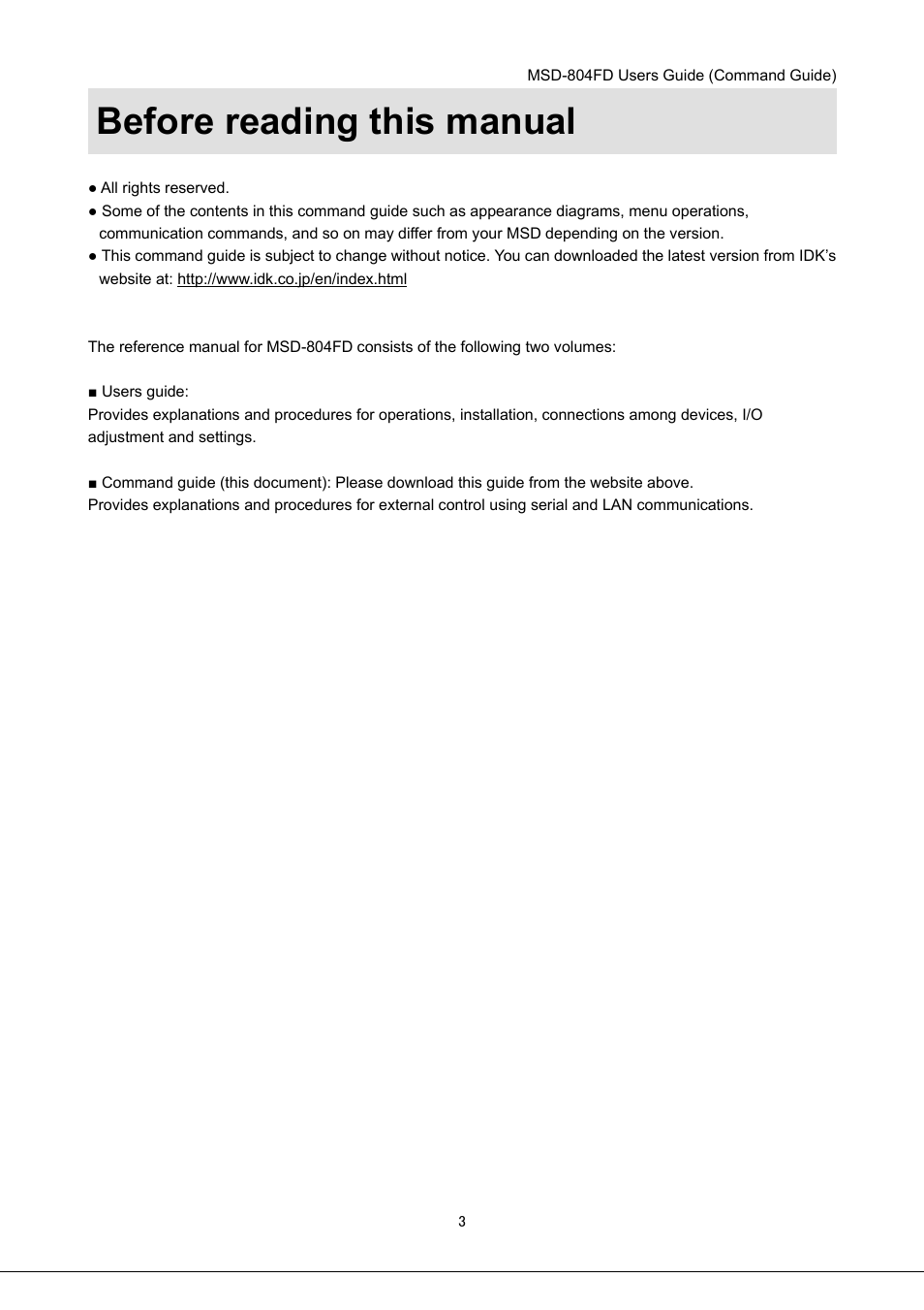 Before reading this manual | IDK MSD-804FD User Manual | Page 3 / 133